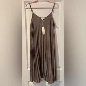 See You Monday Pleated Tan/Taupe Mid-length Dress